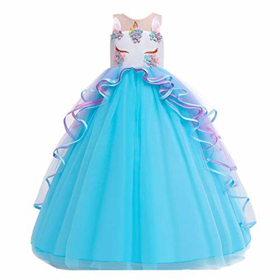 Picture of IZKIZF Girls Unicorn Costume Princess Long Maxi Tulle Dress w/Headband Birthday Party Carnival Cosplay Dress Up Outfits Blue 8-9T