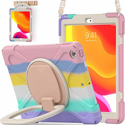 Picture of BATYUE iPad 9th/ 8th/ 7th Generation Case (iPad 10.2 inch Rugged Case 2021/2020/2019) with Screen Protector, Rotating Stand/Pencil Holder/Carrying Shoulder Strap (Colourful Pink)