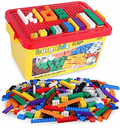 Picture of Building Bricks 520 Pieces Set, 500 Basic Building Blocks in 17 Shapes Includes Wheels, Door, Window, Bulk Block with Reusable Storage Box and Building Base Plate, Compatible to All Major Brands