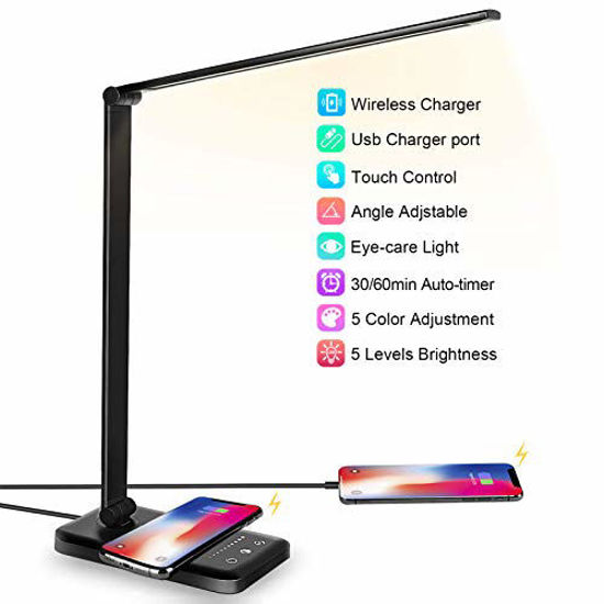 Picture of LED Desk Lamp with Wireless Charger, USB Charging Port, Desk Lighting with 5 Brightness Level, 5 Lighting Modes, Dimmable Eye-Caring Reading Desk Lamp for Home Office,Touch Control, Auto Timer, Pink