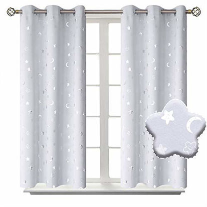 Picture of BGment Moon and Stars Blackout Curtains for Kids Bedroom, Grommet Thermal Insulated Room Darkening Printed Nursery Curtains, 2 Panels of 42 x 54 Inch, Greyish White