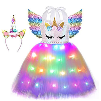 Picture of Soyoekbt Girls Unicorn Costume LED Light Up Unicorn Princess Dress Birthday Party Outfit Halloween Tutu Dress with Headband Sequin 3-4 Years