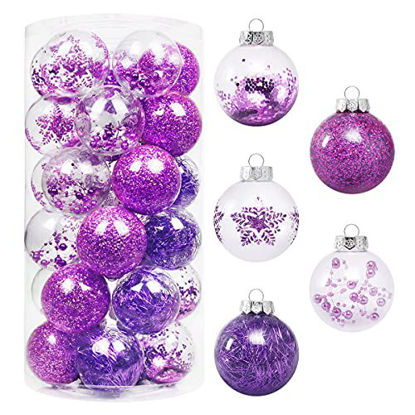 Picture of 70MM/2.76" Christmas Ornaments Set, 30PCS Shatterproof Decorative Hanging Ball Ornament with Stuffed Delicate Decorations, Clear Rustic Xmas Tree Balls for Holiday Party Thankgivings - Purple.