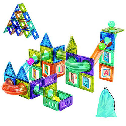 Picture of Magnetic Tiles Marble Run for Kids Ages 4-8 with Storage Bag, STEM Educational Toys 3D Strong Magnets Building Blocks Set Construction Playboards for 3 4 5 6 7 8 9 10 Year Old Boys Birthday Gift 71pcs