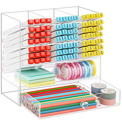 Picture of Marbrasse Clear Pen Organizer Storage, Acrylic Desk Organizer with 12 Compartments, Pen Organizer for Desk, Desktop Art Organizer for Office School Art Supplies (Acrylic Pen Holder) (Acrylic Pen Holder with Drawer)