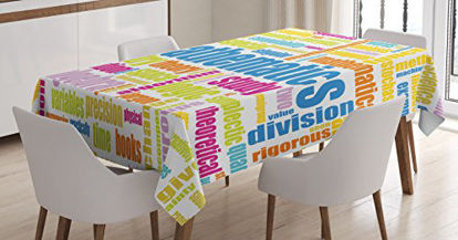 Picture of Ambesonne Mathematics Room Tablecloth, Math Related Different Words Conceptual Terminology Group Print, Rectangular Table Cover for Dining Room Kitchen Decor, 60" X 84", Blue Yellow