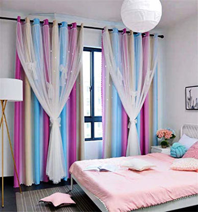 Picture of Yancorp Curtains for Girls Bedroom Kids Curtain Baby Nursery Hollow-Out Star Window Curtain 108 inches Length Room Darkening Grommet 2 Layers(Pink Blue, W52 X L108)