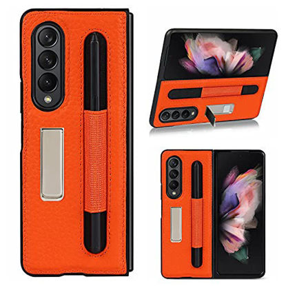 Picture of Jaorty Compatible with Samsung Galaxy Z Fold 3 5G Case,Z Fold3 Case with S Pen Holder,Built-in Alloy Stand Feature Litchi Pattern Genuine Leather Basic Case for Samsung Galaxy Z Fold 3 5G,Orange