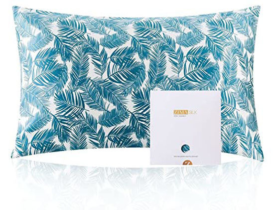 Picture of ZIMASILK 100% Mulberry Silk Pillowcase for Hair and Skin Health,Both Sides 19 Momme Silk Floral Print,1pc(Queen 20''x30'',Blue Leaves)