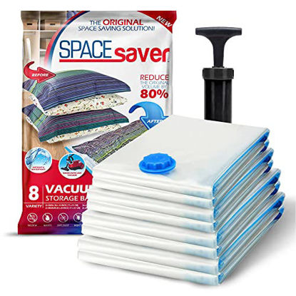Picture of Spacesaver Premium Vacuum Storage Bags. 80% More Storage! Hand-Pump for Travel! Double-Zip Seal and Triple Seal Turbo-Valve for Max Space Saving! (Variety 8 pack)