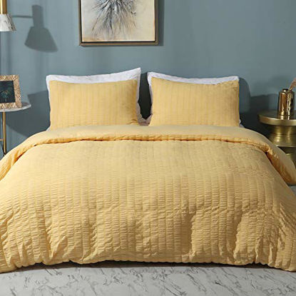 Picture of AveLom Seersucker Stripe Duvet Cover 3 Pieces Zipper Closure Corner Ties Soft Washed Microfiber Duvet Cover for Men, Women (Yellow, Queen)