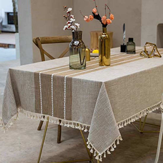 Picture of TEWENE Tablecloth, Rectangle Table Cloth Cotton Linen Wrinkle Free Anti-Fading EmbroideryTablecloths Dust-Proof Table Cover for Dining (Rectangle/Oblong, 55''x120'',10-12 Seats, Light Coffee)