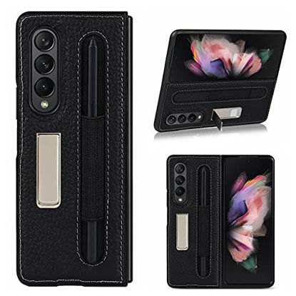 Picture of Jaorty Compatible with Samsung Galaxy Z Fold 3 5G Case,Z Fold3 Case with S Pen Holder,Built-in Alloy Stand Feature Litchi Pattern Genuine Leather Basic Case for Samsung Galaxy Z Fold 3 5G,Black