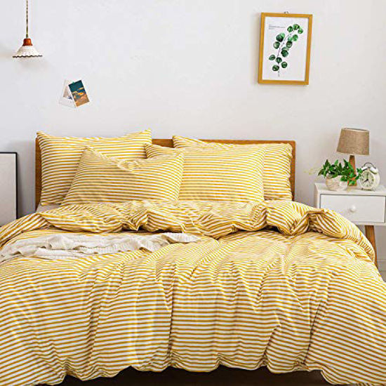 Picture of JELLYMONI 100% Natural Cotton 2pcs Striped Duvet Cover Sets, White Duvet Cover with Yellow Stripes Pattern Printed Comforter Cover, with Zipper Closure & Corner Ties(Twin Size)