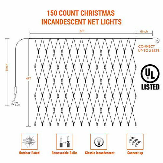 Picture of Lomotech 4X6 Christmas Net Lights, 150 Count Mini Incandescent End to End Connectable Mesh Lights for Trees Bushes Wedding Garden Outdoor Christmas Decorations (Warm White)