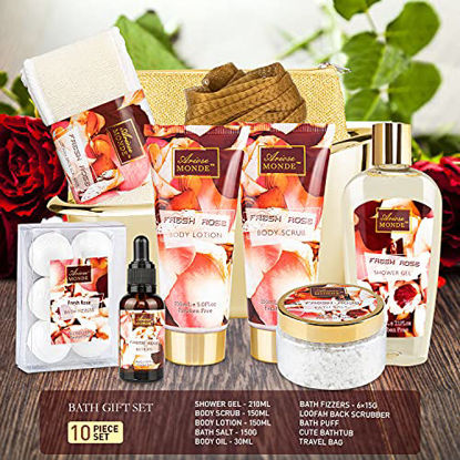 Picture of Bath and Body Gift Set for Women & Men, 10 Pcs Spa Gift Basket with Fresh Rose Scent, Includes Shower Gel, Bubble Bath, Body Lotion and Scrub, Bath Salt, Bath Bombs, Bath Puff, Bath Oil, and More