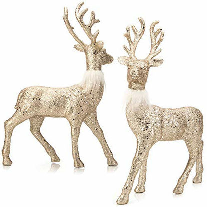 Picture of SANNO Reindeer Decorations Christmas Deer Decor Set of 2 Holiday Reindeer Figurines Standing Champagne Glitter Champagne Festive Ornaments for Tabletop Kitchen Mantle Shelf Desk Office Winter Decor