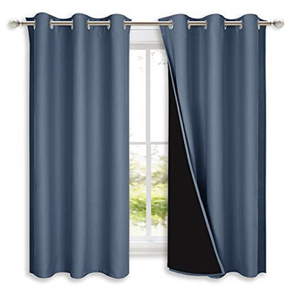 Picture of NICETOWN 100% Blackout Curtains with Black Liners, Home Decor Thermal Insulated Full Blackout 2-Layer Lined Drapes, Energy Efficiency Window Draperies for Bedroom (Stone Blue, 2 Panels, 42"W by 63"L)