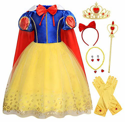 Picture of Cotrio Princess Dresses for Girls Birthday Party Fancy Dresses with Headband Gloves Tiara Scepter Necklace Ring Earrings Kids Halloween Costume Outfits Size 3T (2-3 Years, Yellow, 100)