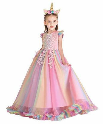 Picture of IZKIZF Girls Unicorn Costume Princess Long Maxi Tulle Dress w/Headband Birthday Party Carnival Cosplay Dress Up Outfits Multicolored 9-10T