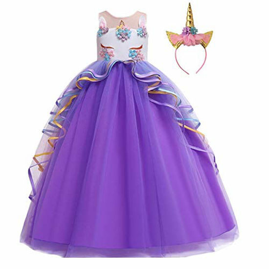 Picture of MYRISAM Unicorn Costume Princess Birthday Pageant Party Dance Performance Carnival Long Maxi Tulle Fancy Dress Up Outfits Purple 10-11T