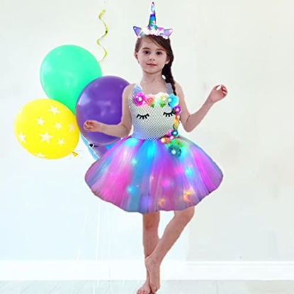 Picture of bDDeDD Unicorn Dress for Girls, Unicorn Costumes LED Light Up TuTu Dress Birthday Party Outfit Halloween Cosplay Pink+Flower 3~4Y