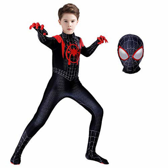 Picture of Superhero Costume Bodysuit for Kids Spandex Zentai Halloween Cosplay Jumpsuit 3D Style (Black, Kids-L (Height: 47-51Inch))