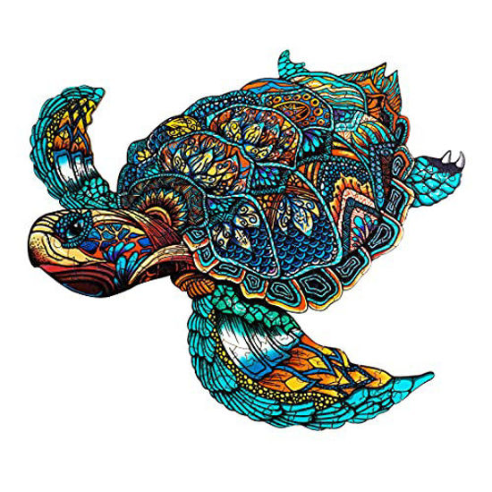 Picture of KAAYEE Wooden Puzzles Jigsaw, Sea Turtle Puzzle Gift for Adults and Kids, Unique Jigsaw Pieces, Fun Challenging Animal Puzzles Gifts Perfect Family Game, 9.4 x 8 Inches, 100 Pieces, Small Size