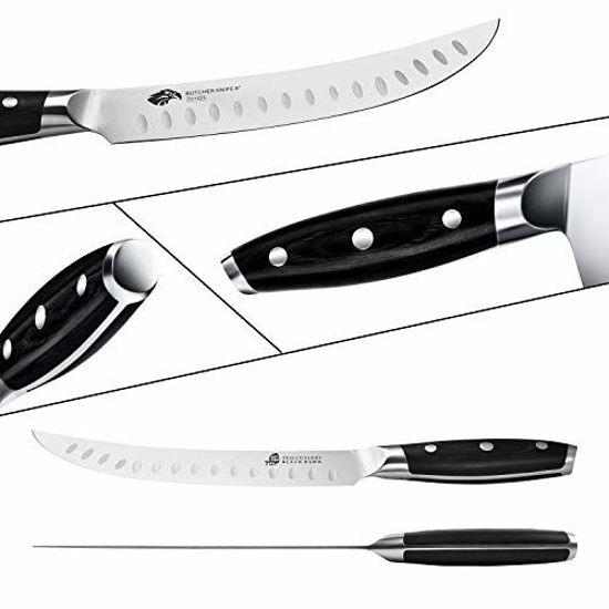 Picture of TUO Butcher Knife - 8 inch Scimitar Breaking Knife - Curved Slicing Carving Knife - German HC Steel Meat Cleaver - Full Tang Pakkawood Handle - BLACK HAWK SERIES with Gift Box