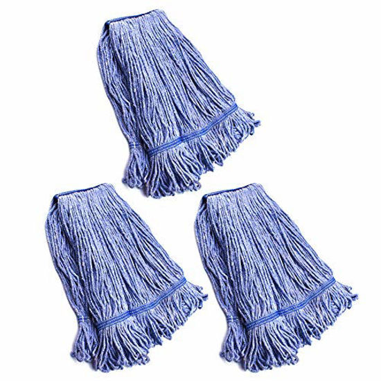 Picture of String Mop Heads Replacement Heavy Duty Commercial Grade Blue Cotton Looped End Wet Industrial Cleaning Mop Head Refills (3, Large)