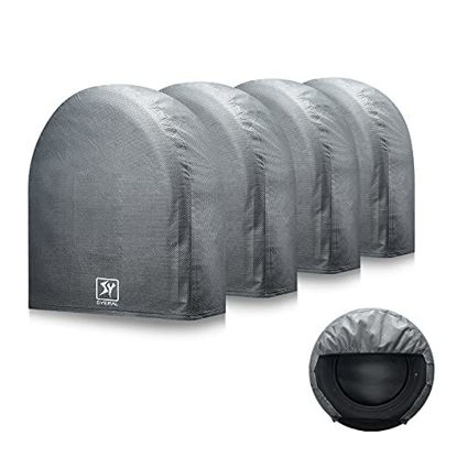 Picture of SYERAL Tire Covers Set of 4,Upgraded 5 Layer Nonwoven RV Wheel Covers, Waterproof Anti-UV Snow Sun Rain Tire Protectors Covers for Trailer,Camper,RV,Truck,SUV,33-35inch(XL) Gray