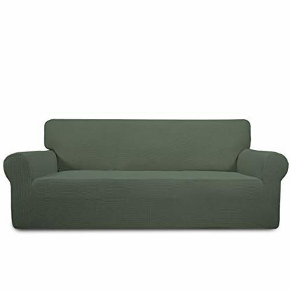 Picture of PureFit Stretch Sofa Slipcover - Spandex Jacquard Non Slip Soft Couch Sofa Cover, Washable Furniture Protector with Non Skid Foam and Elastic Bottom for Kids (Sofa, Greyish Green)