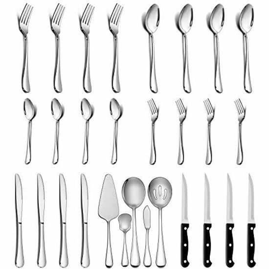 Picture of LIANYU 29-Piece Silverware Set with Steak Knives and Serving Utensils, Stainless Steel Flatware Cutlery Set Service for 4, Eating Utensil Set for Home Party Wedding, Dishwasher Safe, Mirrored Finish