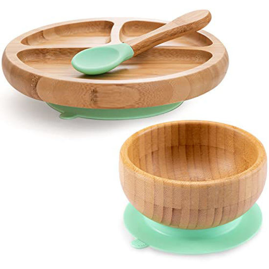 Picture of Baby Bamboo Suction Plate, Bowl and Spoon set - Wooden Feeding Set for Toddler 1-3 Year Old - Silicone Suction Sticks to Most High Chairs for Non Slip & Silicone Spoon Tips with Wood Handle - BPA Free