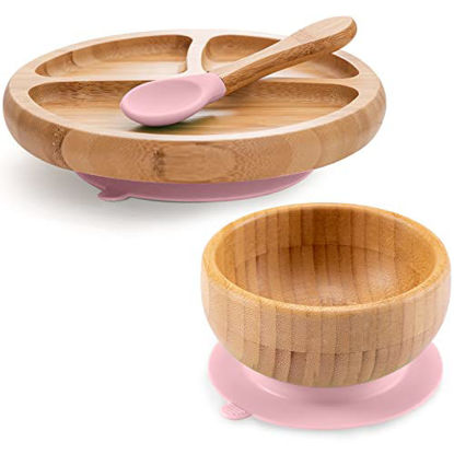 Picture of Toddler Bamboo Plates, Bowls and Spoon Set - Wooden Feeding Utensils for Infants Easy Self Eating at 1 Stage - Stay Put Silicone Suction Plate and Bowl and Soup Spoon for Baby Led Weaning - BPA Free