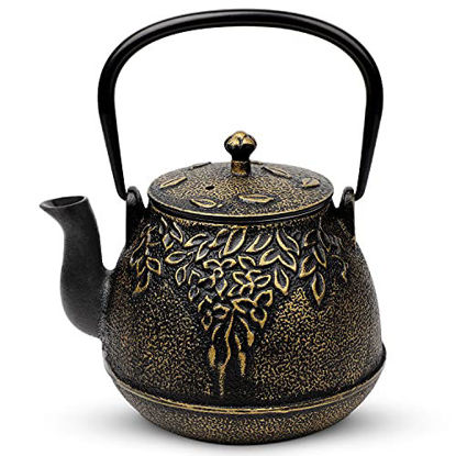 Picture of Tea Kettle, TOPTIER Japanese Cast Iron Tea Pot for Stove Top, Cast Iron Teapot Humidifier for Wood Stove, Leaf Design Tea Kettle Coated with Enameled Interior for 32 Ounce (950 ml), Black