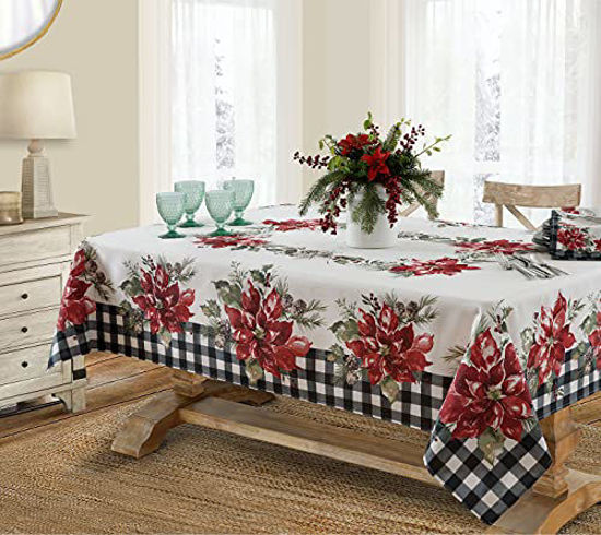 Picture of Newbridge Poinsettia Festivity Gingham Bordered Christmas Fabric Tablecloth, Country Cottage Print Easy Care, Stain Release Tablecloth, 60 x 120 Oblong/Rectangle