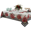 Picture of Newbridge Poinsettia Festivity Gingham Bordered Christmas Fabric Tablecloth, Country Cottage Print Easy Care, Stain Release Tablecloth, 60 x 120 Oblong/Rectangle