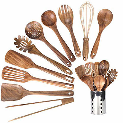 Picture of Kitchen Utenails Set with Holder,Kitchen Wooden Utensils for Cooking , Wood Utensil Natural Teak Wood Spoons for Cooking,Wooden Kitchen Utensil Set With Spatula and Ladle (11)