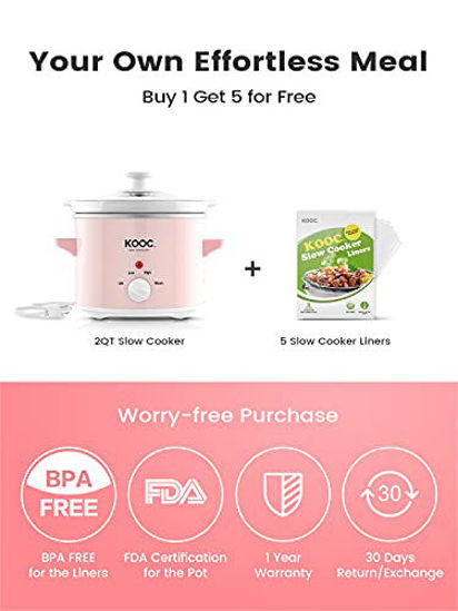 GetUSCart- KOOC Small Slow Cooker, 2-Quart, Free Liners Included for Easy  Clean-up, Upgraded Ceramic pot, Adjustable Temp, Nutrient Loss Reduction,  Stainless Steel, Pink, Round