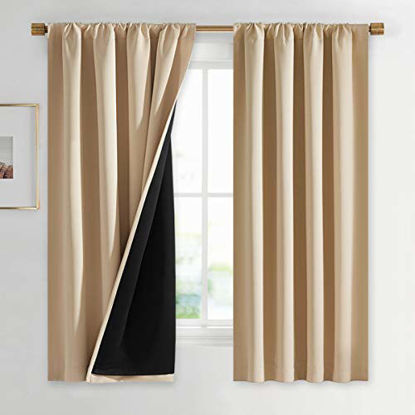 Picture of NICETOWN Bedroom Full Blackout Curtain Panels, Super Thick Insulated Window Covers, Rod Pocket Draperies with Black Liner for Short Window (Biscotti Beige, Set of 2, 42 by 63-inch)
