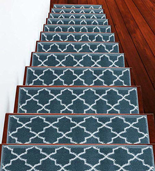 Picture of Stair Treads Trellisville Collection Contemporary, Cozy, Vibrant and Soft Stair Treads | Teal & White, 9" x 28" | Pack of 4 [100% Polypropylene] | Tape Applied