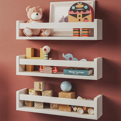 Picture of Set of 3 White Nursery Room Shelves - Solid Wood Ideal for Books, Toys and Decor (Classic White)