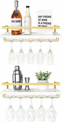 Picture of Mkono Wall Mounted Wine Rack Set of 2 White Wood Wine Bottle Glass Holder Floating Shelves with Stemware Hanger Modern Plants Photos Wine Display Storage Holder for Kitchen Dining Room Bar, 17 Inch