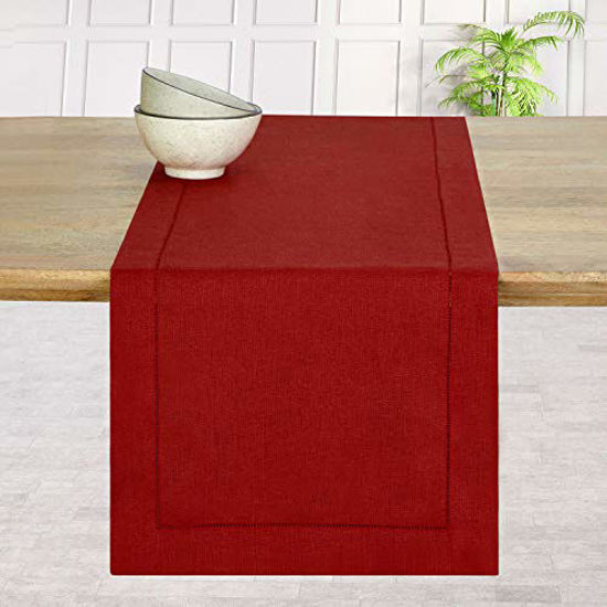 Picture of D'Moksha Homes 100% Pure Linen Hemstitch 14 x 120 Inch Table Runner for Christmas- Divine Red, Natural Fabric European Flax, Handcrafted Dresser Scarf with Mitered Corners, Great Gift Choice