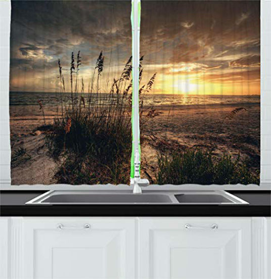 Picture of Ambesonne Beach Kitchen Curtains, Calm Coastal Scene with Horizon in The Middle of Nowhere Cloudy Sunset Ocean Picture, Window Drapes 2 Panel Set for Kitchen Cafe Decor, 55" X 39", Yellow Tan