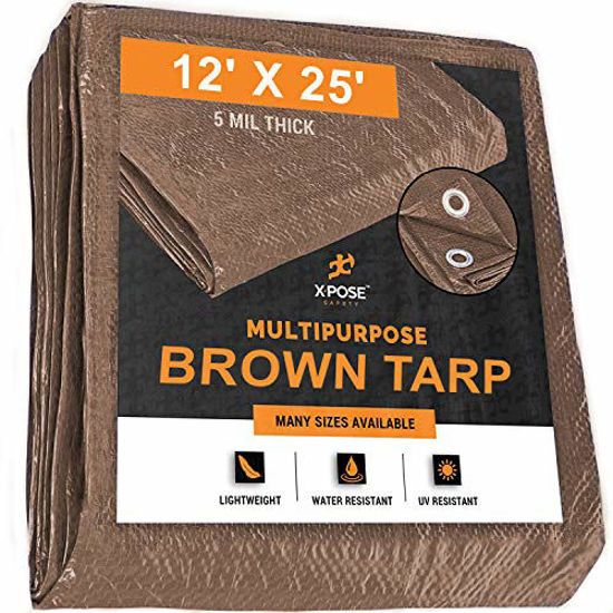 Picture of Multipurpose Protective Cover Brown Poly Tarp 12' x 25' - Durable, Water Resistant, Weather Resistant - 5 Mil Thick Polyethylene - by Xpose Safety