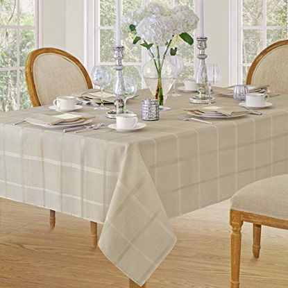 Picture of Elegance Plaid Contemporary Woven Solid Decorative Tablecloth by Newbridge, Polyester, No Iron, Soil Resistant Holiday Tablecloth, 60 X 144 Oblong, Beige