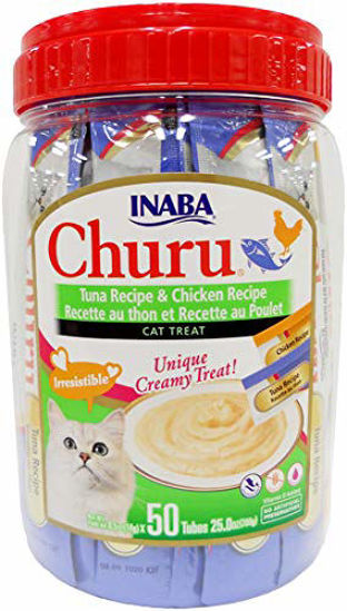 Picture of INABA Churu Cat Treats, Grain-Free, Lickable, Squeezable Creamy Purée Cat Treat/Topper with Vitamin E and Green Tea Extract, 0.5 Ounces Each Tube, 50 Tubes, Tuna & Chicken Variety