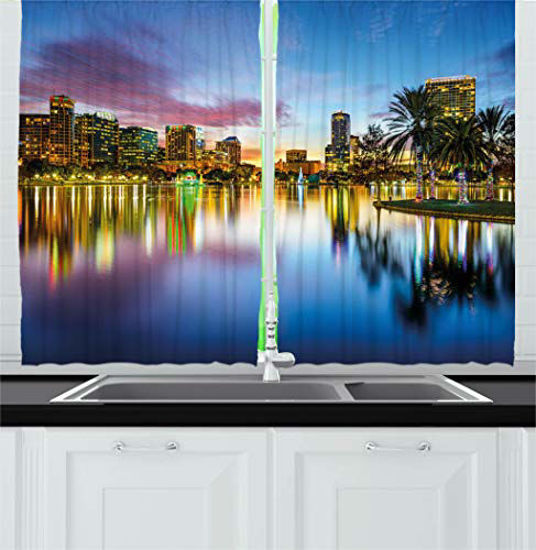 Picture of Ambesonne Modern Kitchen Curtains, Famous USA Urban Downtown View of Orlando Florida EOLA Lake Romantic Scene Print, Window Drapes 2 Panel Set for Kitchen Cafe Decor, 55" X 39", Yellow Blue